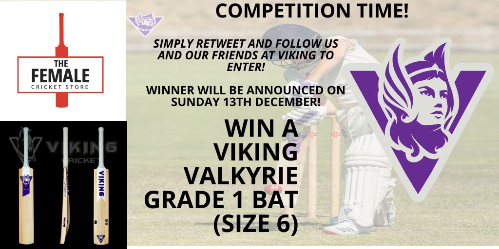 CHRISTMAS GIVEAWAY TIME! We've partnered with our friends at <a href="/vikingcricketuk/">Viking Cricket Limited</a> to give away a Grade 1 English Willow Valkyrie Cricket Bat (size 6). Simply retweet this tweet &amp; follow both us &amp; <a href="/vikingcricketuk/">Viking Cricket Limited</a> to enter. Winner to be announced on Sunday!  

thefemalecricketstore.com/collections/ju…