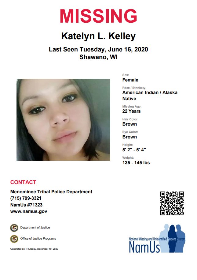 Katelyn Kelley was last seen on June 16, 2020, in Shawano, Wisconsin. More information regarding her disappearance can be found in her #NamUs case file: namus.gov/MissingPersons…