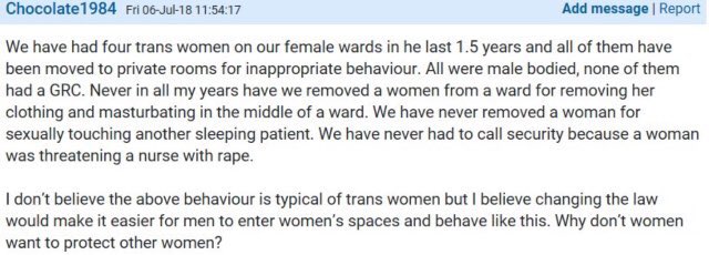 Some of them are nurses raising concerns about the importance of single sex wards. Something we already know is imperative for women’s safety in hospitals. https://www.independent.co.uk/news/health/nhs-sexual-assault-patients-mental-health-mixed-sex-wards-a9273656.html