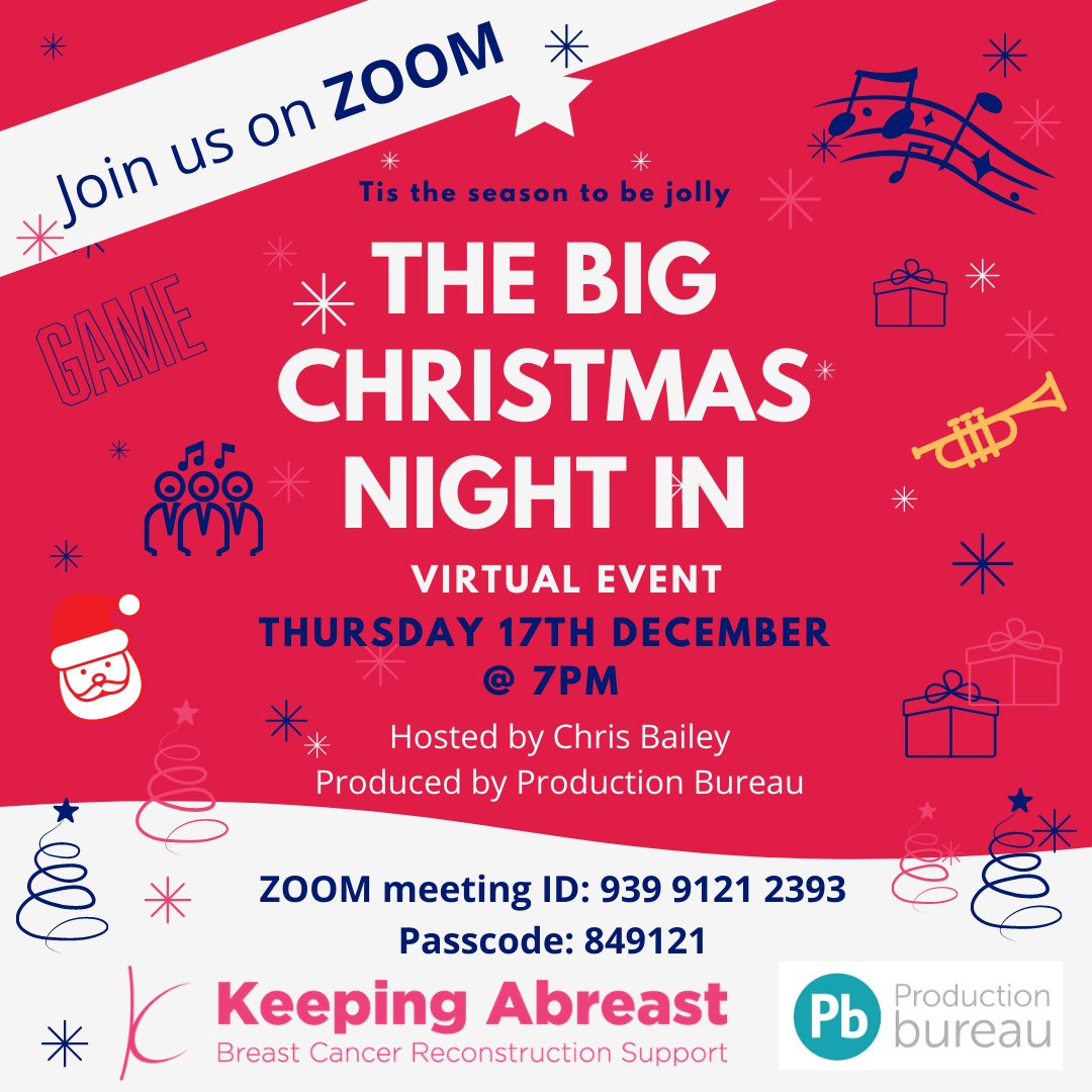 Need some festive cheer? Join us in 1WEEK for our very first virtual Big Christmas Night In on Thursday 17th Dec. Music, singing, carols, games, prizes... FREE to attend (donations welcome)
Huge TQ <a href="/Pb_Ltd/">Production bureau</a> <a href="/cbaileynorwich/">Chris Bailey</a> #keepingabreast #christmasevent