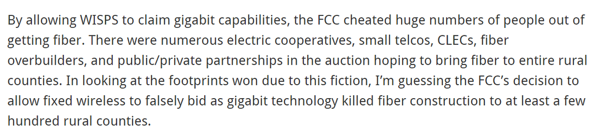 if you're interested there's another good post here by  @DougDawson_CCG , who notes that by letting wireless providers overstate the capability of wireless, the FCC actually undermined efforts to deploy real fiber to many communities: https://potsandpansbyccg.com/2020/12/08/the-fcc-drops-the-ball-on-rdof/