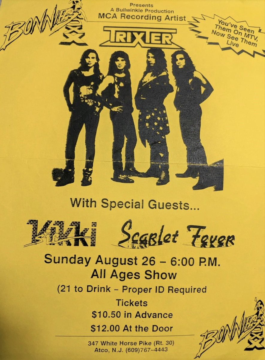 jackybambam933's tweet photo. #tbt Relative Recording Artist SCARLET FEVER went out with MCA Recording Artist TRIXTER (8/26/90) at Bonnie’s Roxx Atco NJ before they went out with KISS!! What where you doing !??? @STEVEBROWNROCKS #Trixter #ScarletFever #SikVikki #BonniesRoxx #AtcoNJ @prestonelliot @933WMMR https://t.co/lj0rYUUyMs