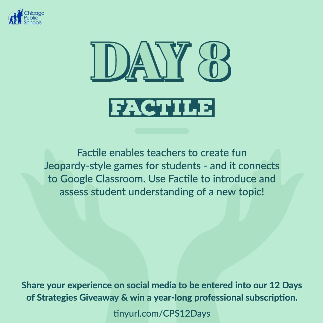 cpsnewteachers's tweet photo. DAY 8 of the 12 Days of Strategies!

What is student engagement? Test out @playfactile for games that orient students to each other and assess student understanding. AND it's available in multiple languages. #12DaysOfGiving #LetsPlayAndLearn https://t.co/PNbw5quZ0d