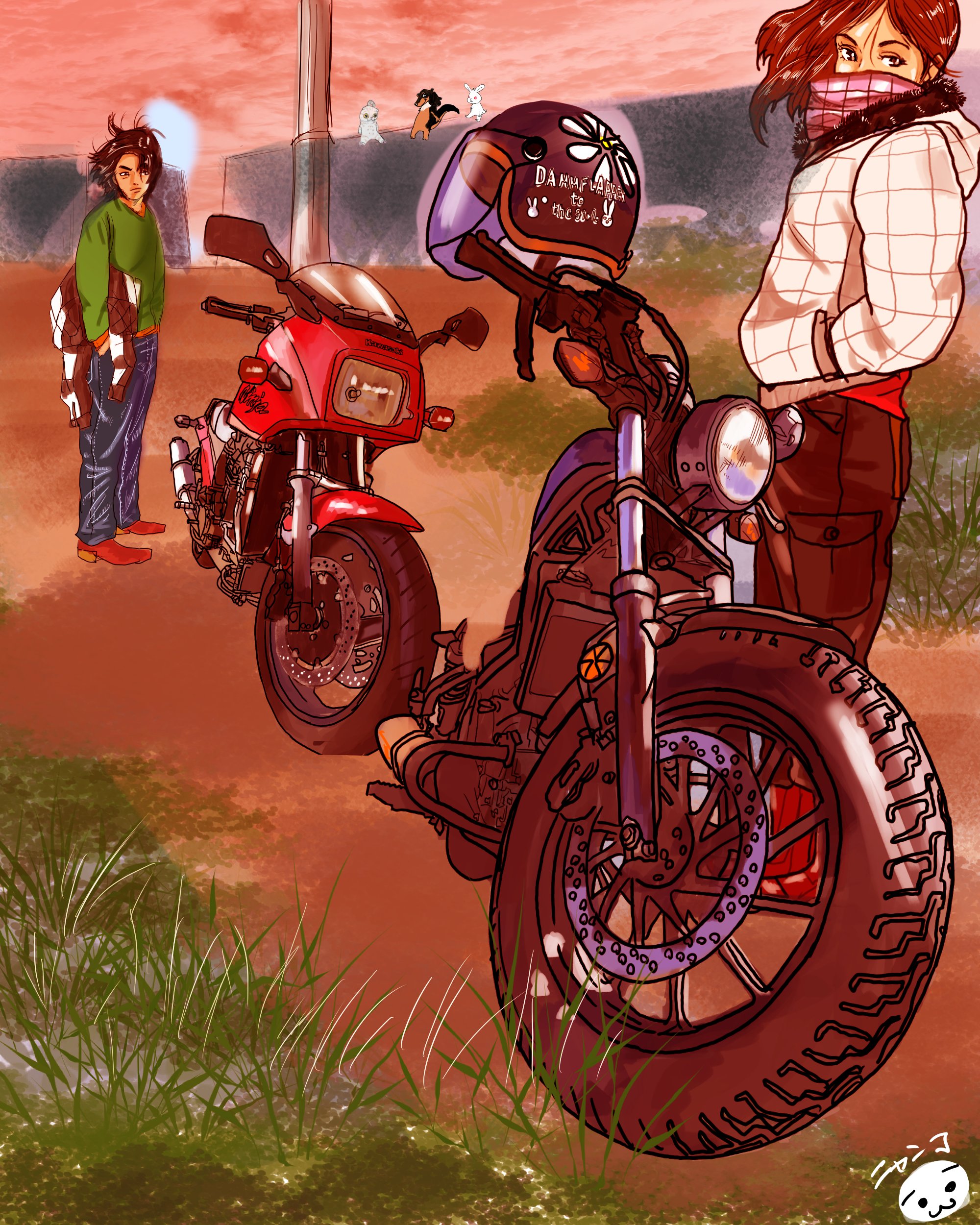 にゃんこサムライ イラスト制作屋 夕焼け 暖かい色で何となく描きたくなって ｇｐｚ９００ｒ れぶる２５０ 夕焼け ダックスフンド スコティッシュフォールド バイク乗りと繋がりたい イラスト好きな人と繋がりたい オリジナルイラスト