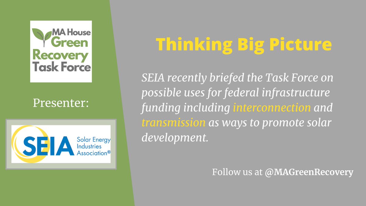 MAGreenRecovery's tweet photo. As federal conversations around recovery and stimulus funds continue, @SEIA urged the Task Force to consider investments in distributed energy generation. https://t.co/JI0CjbWL5V