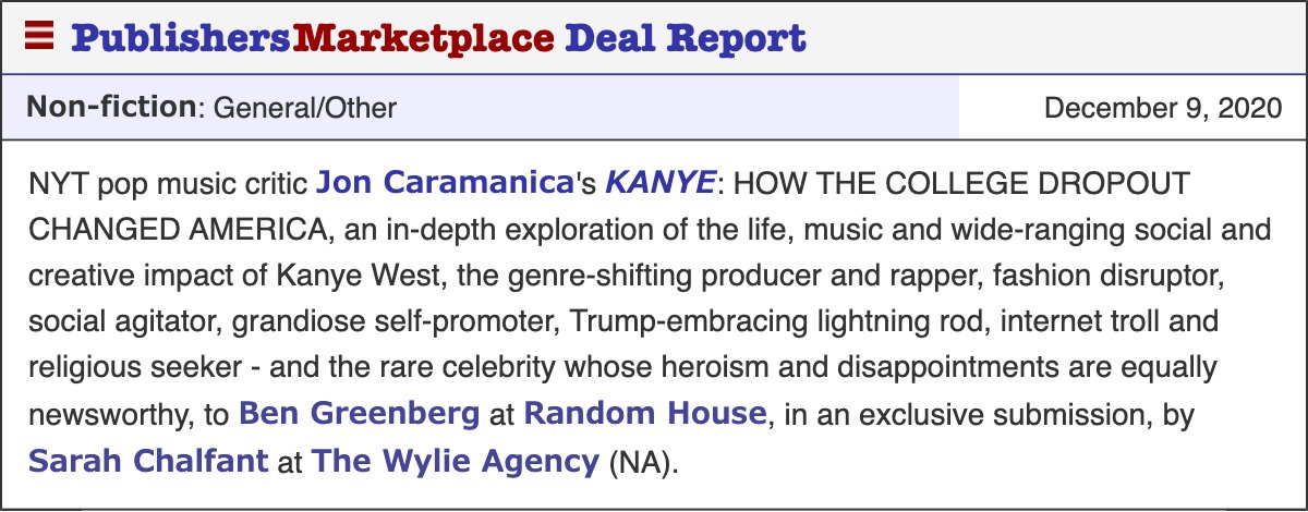 joncaramanica's tweet image. we are … doing this
excited and humbled to announce something I’ve been chipping away at: a book about Kanye West and American culture
wild ride TK