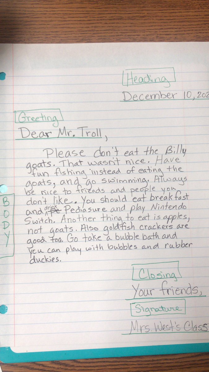 1st grade is learning to write a friendly letter. So, we read 3 Billy Goats Gruff and they wrote a letter to the troll. #egetakingflight <a href="/HumbleISD_EGE/">Elm Grove Elementary</a>