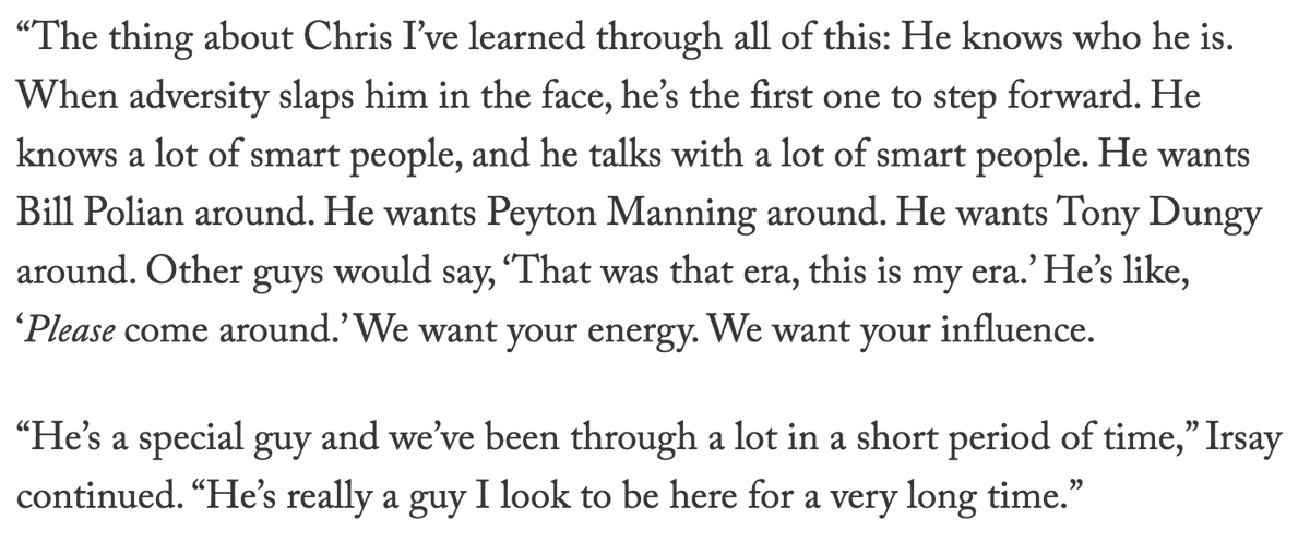 Chris Ballard, on the other hand, welcomes the past. I believe Irsay has said this in the past too, so it's nothing new, but again, from Keefer's profile on Ballard: