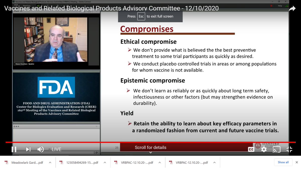 Dr. Steven Goodman presents compromise choice that allows researchers to get some scientific data on vaccines but still allows placebo patients to eventually get vaccine through the trial, so they won't leave the trial altogethe.  #vrbpac