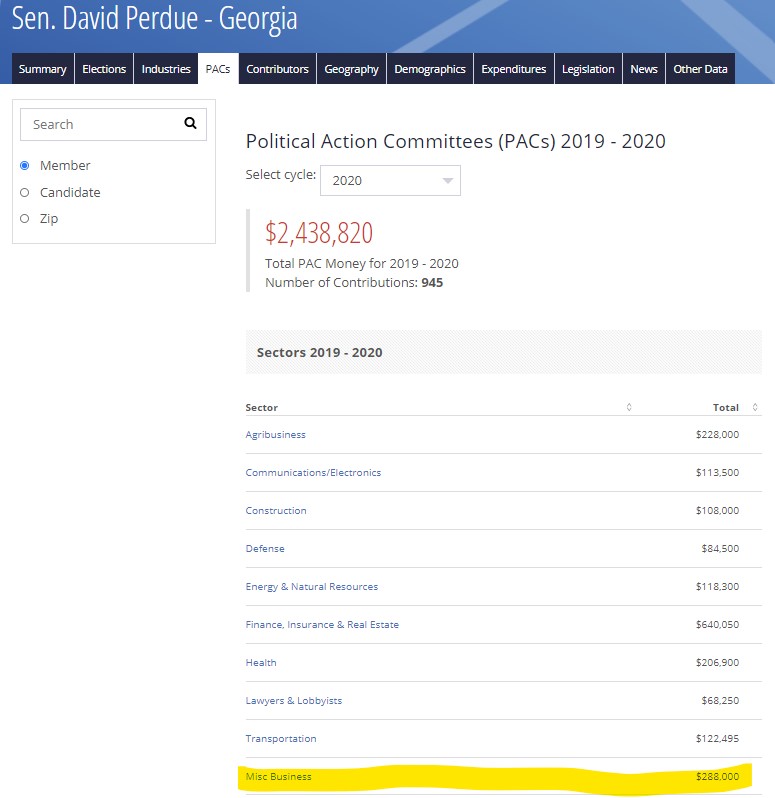 2. This is nerdy but I'll explain. You can navigate to Perdue's page and click on PAC donations. That will give you a list of industries. You can click through each industry to get individual donors.But that wouldn't tell you which companies donated after 11/3