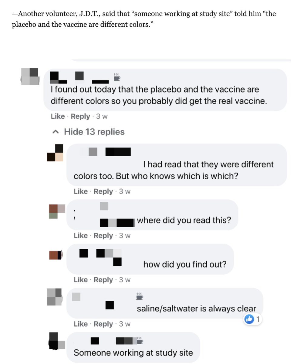 Another volunteer, J.D.T., posted on Facebook that “someone working at study site” told him “the placebo and the vaccine are different colors.” This a brazen breach of protocol and ethics. Anyone who purports to be for "sound science" should be alarmed. /20