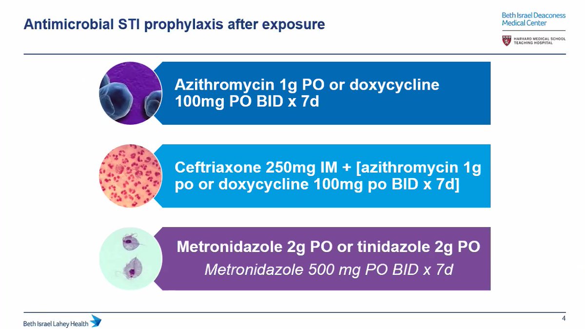 1/Featuring some highlights from  @douglaskrakower 's PEP/PrEP talk at the advanced STD intensive course today!Let's start with this pretty slide on antimicrobial STI ppx after exposureARE YOU READY for some questions?! #IDTwitter  #IDMedED  @ID_fellows