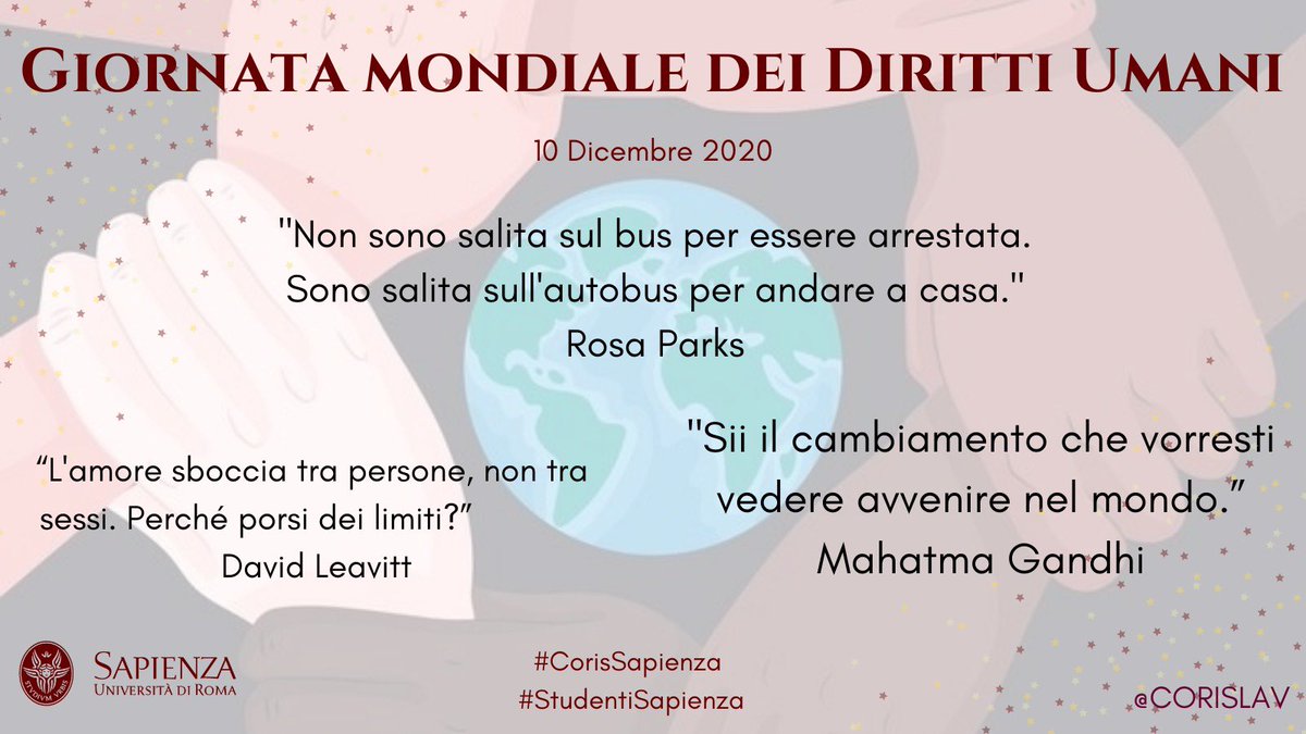 CorisLav's tweet photo. Oggi si festeggia la Giornata Mondiale dei Diritti Umani, con l'obiettivo di diffondere in tutto il mondo i valori di uguaglianza. In memoria della proclamazione della Dichiarazione dei Diritti Umani, presso l’Assemblea delle Nazioni Unite nel 10/12/1948 #smm20 #studentiCoris https://t.co/ibu2VYKlEV