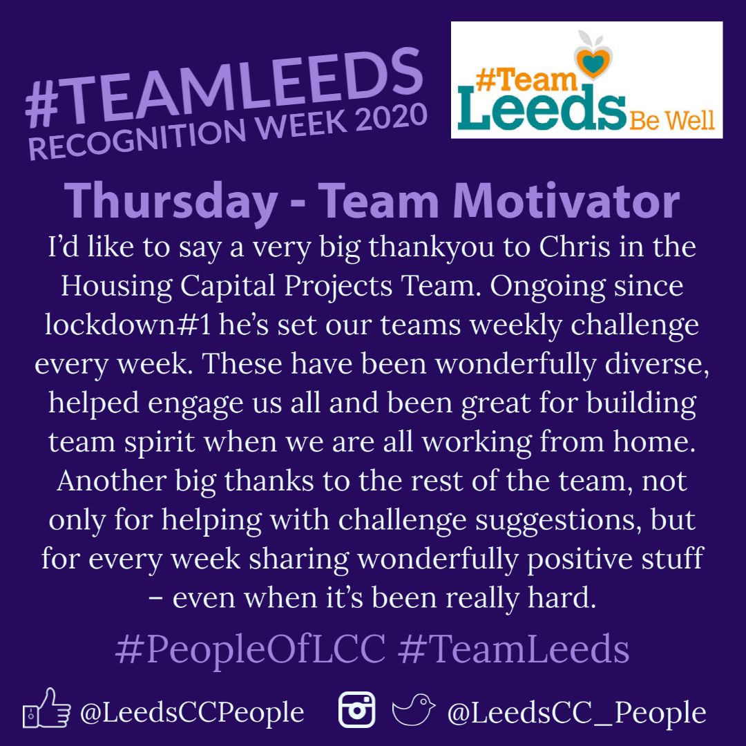 LeedsCC_People's tweet photo. Another outstanding example of motivating a team over the last 9 months, thanks to Helen for sharing this one with us ๐ #RecognitionWeek2020 #PeopleOfLCC #LeedsBestPeople https://t.co/w89lenEqr4