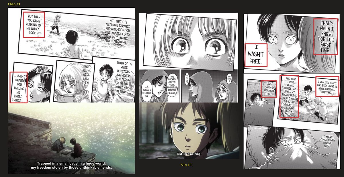 Some parallolz between Historia and Eren : Both are victims of social alienation. They will free themselves from it thanks to books, the symbol of knowledge, thus allowing them to become beings aware of their condition