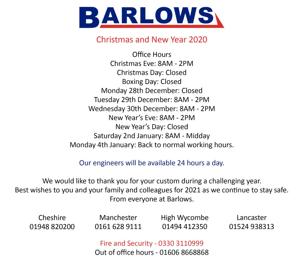 Our engineers are available on call 24/7 over the Festive Season, but here are our Office opening times.