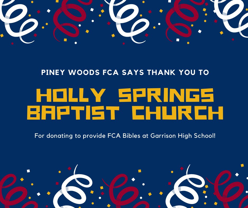 FCAPWE's tweet photo. Piney Woods East FCA would like to give a shout-out to Holly Springs Baptist Church for making a donation to FCA to provide FCA Bibles at Garrison High School! Thank you for your generosity!
👉 https://t.co/WSoHkDWX6I
#FCAPWE #FCA https://t.co/0fOAQuhEzJ