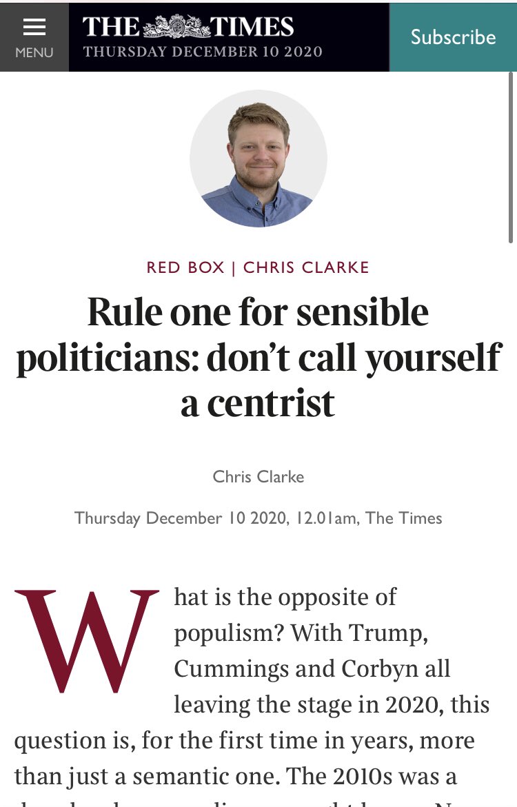 Okay, so this one is a straight up masterpiece, and it may help to understand that the author has a book about the Joy Of Centrism, and is also the son of former Home Secretary Charles Clarke...