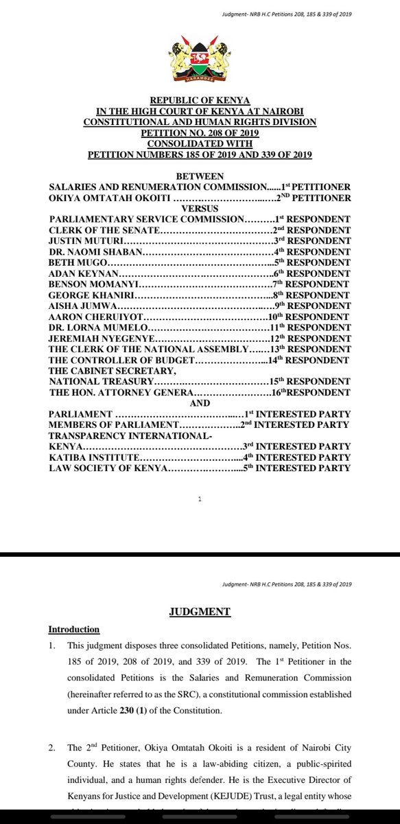 BREAKING: The High Court in Nairobi, Kenya, has ordered Kenyan Members of Parliament (MPs) to refund excess monies they paid themselves in house allowan…