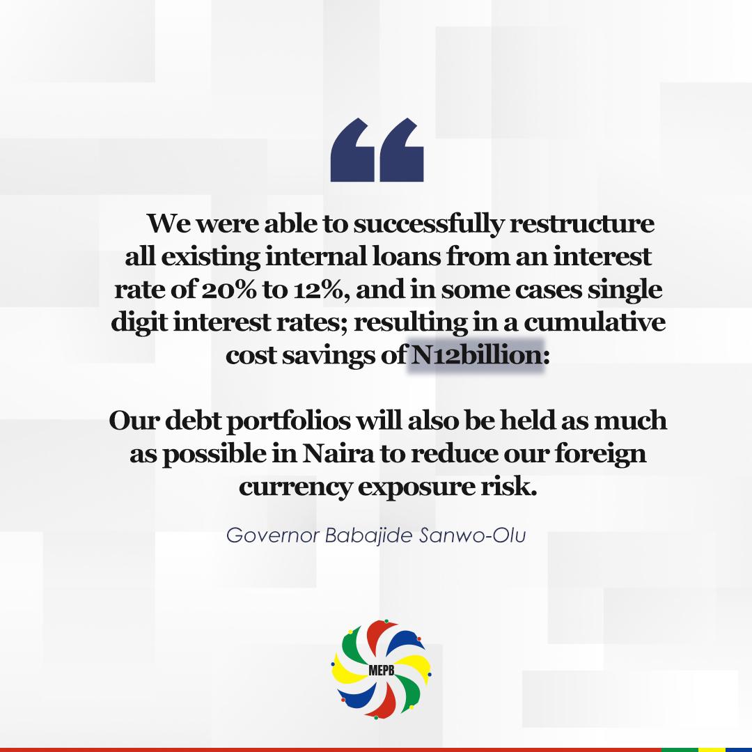 LagosMepb's tweet image. Lagos state was able to restructure all its existing loans resulting in cumulative cost savings of N12 billion. Systems are also being put in place to reduce our foreign currency exposure risk. #LagosMepb #rekindledhope