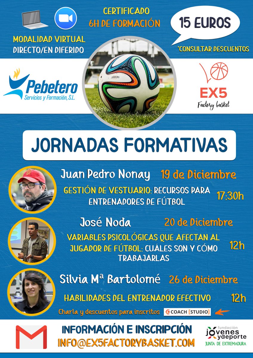 📢Restan 9 días para las apasionantes Jornadas Formativas de Psicología aplicada al fútbol
📟Modalidad on line (directo/diferido)
🔍Descuento especial para alumnos y profesores de Pebetero Fútbol
📚Certificado de formación (6h)
📝Inscripción e info: info@ex5factorybasket.com