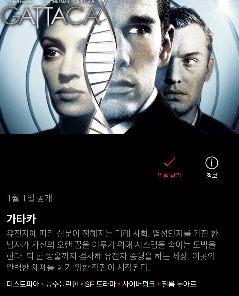세상에 <가타카>도 넷플에 들어오잖아! 지금 다시 봐도 명작 오브 명작인데! 디스토피아에서 우아하고 아름답게 꿈과 희망을 얘기하는데 23년 전...
