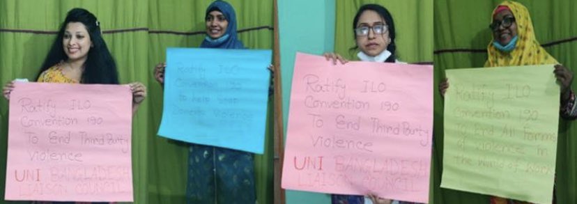 UNIBLC women committee and youth women campaigning on the #16DaysofActivism2020 💪🏾💪🏾to demand the ratification of #ILO #C190 in Bangladesh‼️🛑Stop gender based violence ‼️@uniapro @uniglobalunion @uni_equal @marta_uni