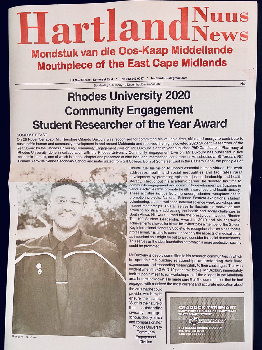 A massive thank you to the Hartland Newspaper 🗞 for their cover story and support!! 🙌🏽😃🙌🏽 #studentresearcheroftheyear #Pharmacist #engagedresearch #PhD #Ruralhealthdevelopment