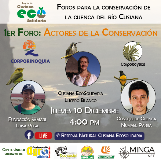 CusianaE's tweet photo. 💧 Foros para la Conservación de la Cuenca del Río Cusiana
🌱📘1er Foro Virtual: “Actores de la Conservación”
📅 ¿Cuándo?: Jueves 10 de diciembre de 2020
🕟 Hora: 4:00 pm hora de Colombia (UTC-5)
Link de inscripción https://t.co/gICD184ggq https://t.co/1nMzRErzbx