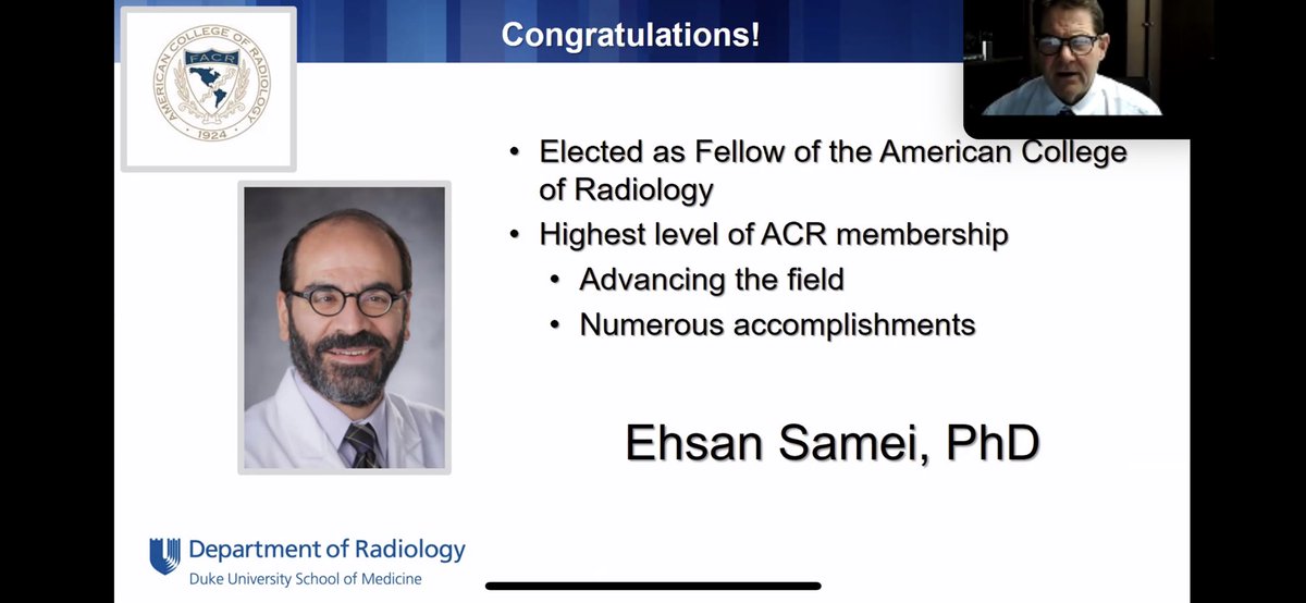 Kudos to our faculty member Ehsan Samei, FACR! <a href="/ErikPaulson7/">Erik Paulson</a> just announced the honor at our <a href="/DukeRadiology/">Duke Radiology</a> faculty meeting.
