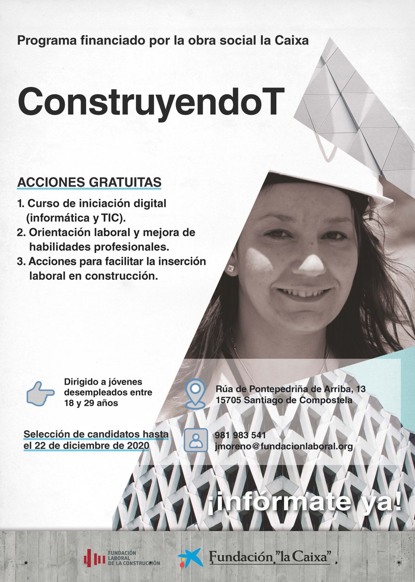 JmorenM's tweet photo. Fundación Laboral de la Construcción Galicia
👩‍🦰🧑‍ ¿Tienes entre 18 y 29 años y estás buscando #empleo en Galicia? Puedes beneficiarte del proyecto de inserción sociolaboral para jóvenes financiado por la obra social de Fundación "la Caixa" que incluye las siguientes acciones: https://t.co/PJwjxGjZ5S