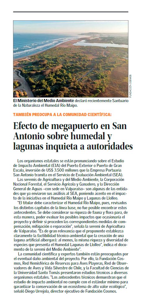 Hoy en El Mercurio👉Efecto de megapuerto San Antonio sobre humedal y lagunas inquieta a autoridades. "El titular del proyecto debe caracterizar el Humedal Río Maipo, pues, revisados los distintos capítulos de la línea base, no fue posible encontrar estos antecedentes".