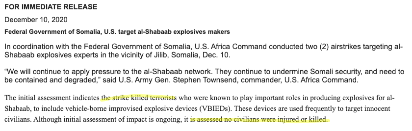 Meanwhile in Somalia-airstrike targeting "terrorists," plural but no count, believed part of an IED cell-AFRICOM press release doesn't mention Trump order to pull out ground forces but says "remains committed" & "will continue" to work with intl/African partners versus Shabab
