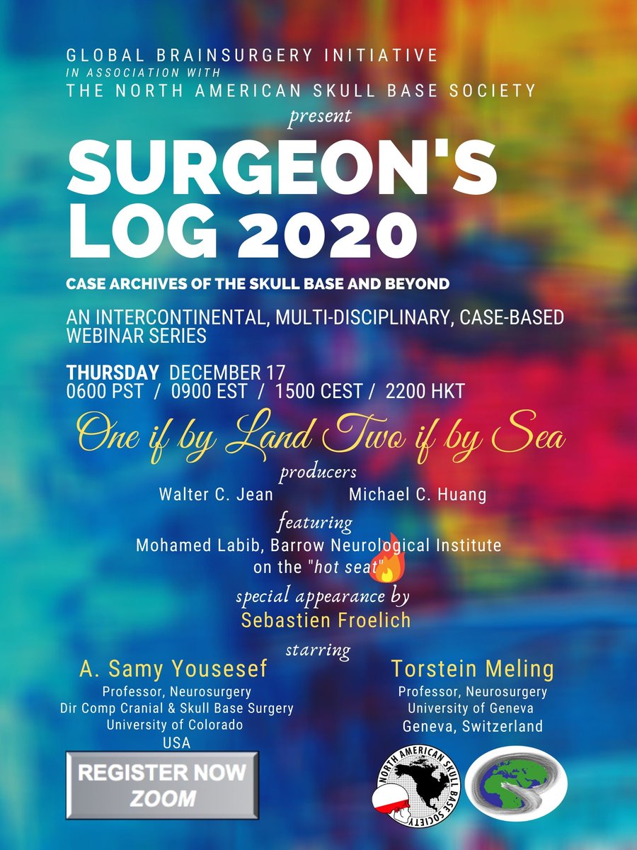 DrWalterJean's tweet photo. Join us live next Thurs for #SL2020 w/ guests Mohamed Labib @BarrowNeuro, Samy Youssef, Torstein Meling @GenevaNeurosurg with a special appearance by @SC_Froelich. Register here: https://t.co/URkyYbf3vt @NASBSorg @BrainSpineGroup @NWebinar @EANSonline @NeurosurgeryCNS #skullbase https://t.co/6YQyZ308dh