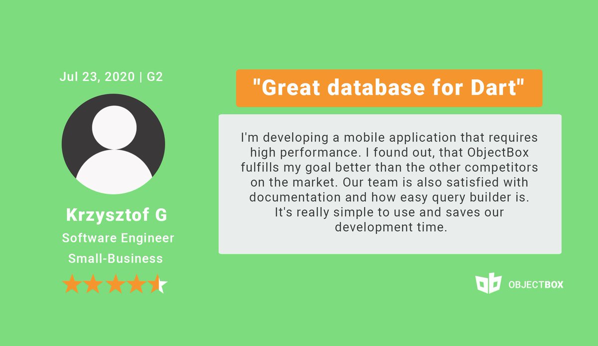 ObjectBox_io's tweet image. We're always glad to receive feedback from our users. Did you recently get started with ObjectBox as well? Let us know what you think! buff.ly/3oIksFz 😍
#ObjectBox #database