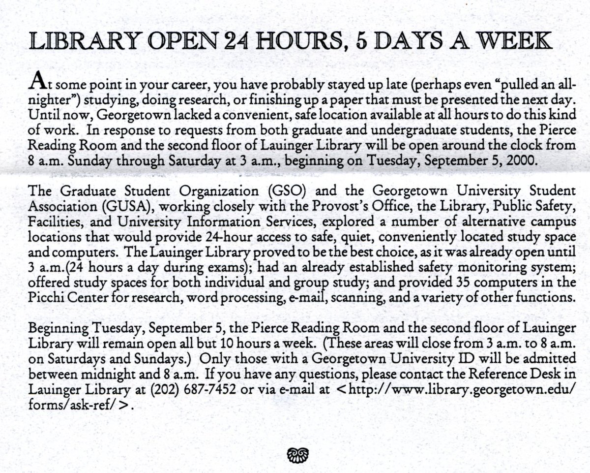 gtownlibrary's tweet photo. In 2000, the library newsletter proudly announced that Pierce Reading Room and Lau's second floor would be open for round-the-clock studying. #50DaysofLau https://t.co/Mc2gVmDkvE