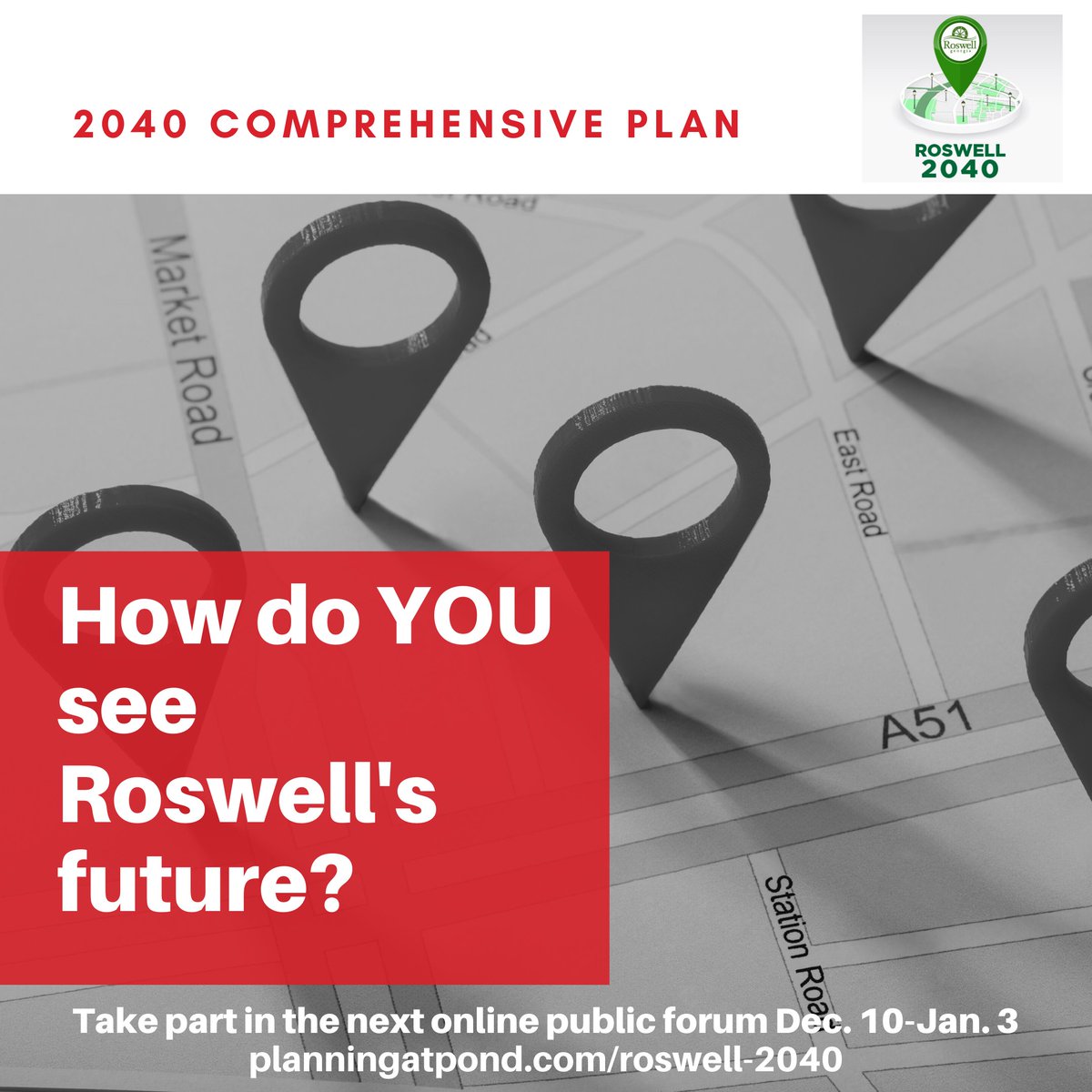 CityofRoswellGA's tweet photo. Leave your mark on Roswell! The public is invited to view the next step in the 2040 Comprehensive Plan, giving feedback on recommendations of what key areas in Roswell should look like over the next 20 years. Visit https://t.co/75YgDrmW6P for more info and to take part. https://t.co/nPrtAQpAAg