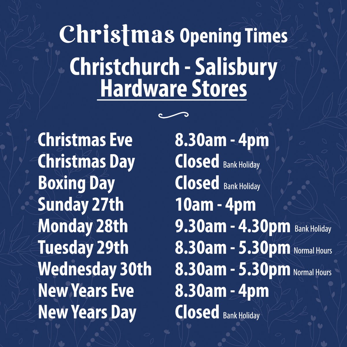 InExcessUK's tweet photo. Our seasonal opening hours starting from Christmas Eve are as follows 👀 All of our Garden Centres and Hardware Stores will be closed on Christmas Day, Boxing Day &amp; New Years Day!🎅

#inexcess #wiltshire #dorset #hampshire #christmas #openinghours #gardencentre #diy https://t.co/d3w3F4RY4C