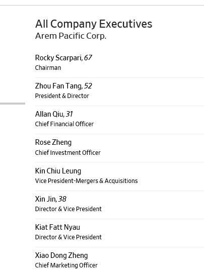 WSJ markets has the following list of officers for Arem Pacific Corp, with Rocky Scarpari (head of Goulburn Valley Wine Estates) as chairman and Zhou Fan Tang (Dr Thomas Tang) as CEO https://www.wsj.com/market-data/quotes/ARPC/company-people/executive-profile/146088492