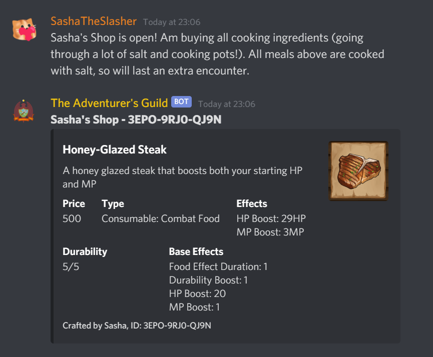AlwaysEverywhen's tweet photo. @SashaTortie is now selling food in #TheAdventurersGuild

Check out the game! It's a multiplayer RPG played via a #DiscordBot!
https://t.co/7w2unRL3WS

#indiegame #discordservers #gamedev https://t.co/hleWg3rw0s