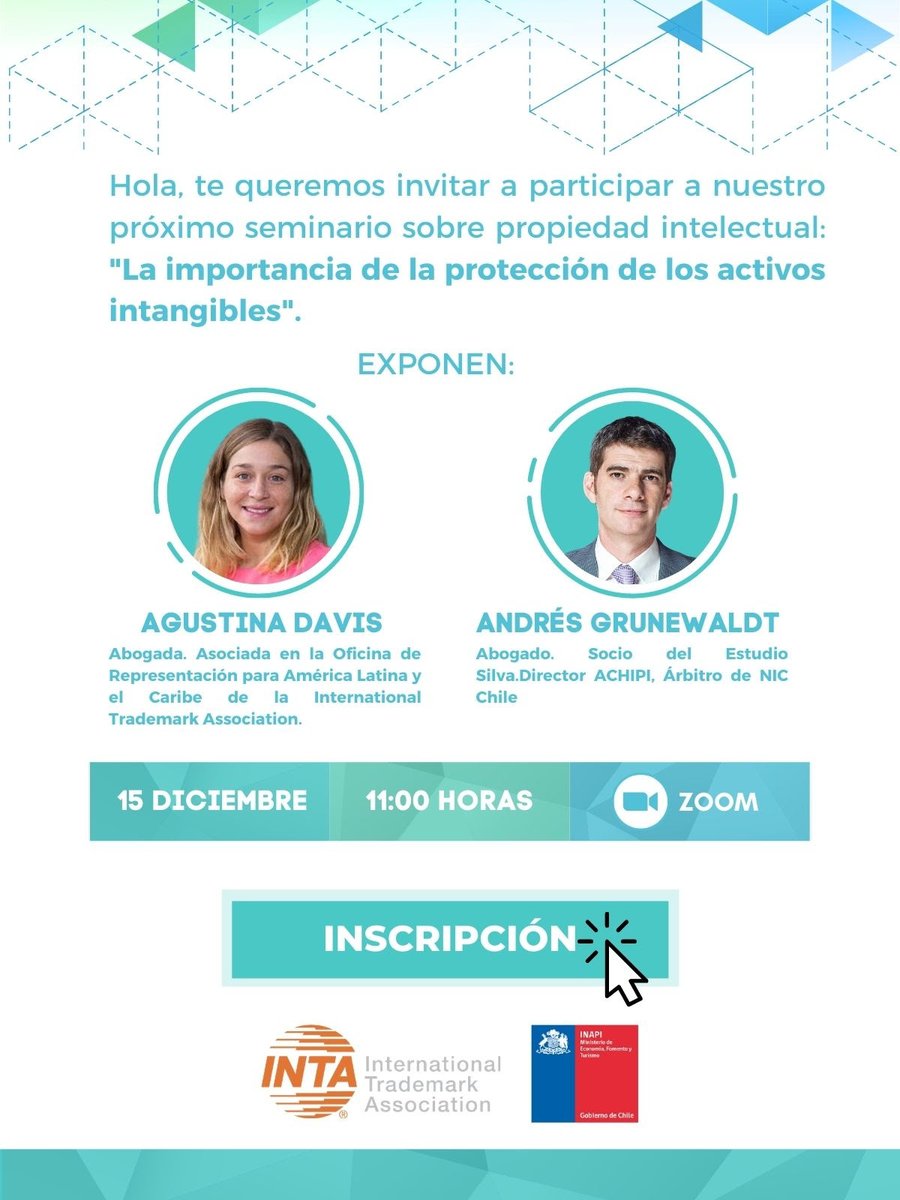 Los invitamos al Seminario de <a href="/inapichile/">INAPI</a> sobre propiedad intelectual: "La importancia de la protección de los activos intangibles" que tendrá como expositores a <a href="/INTA/">International Trademark Association (INTA)</a> 

Inscripciones aquí: docs.google.com/forms/d/e/1FAI…