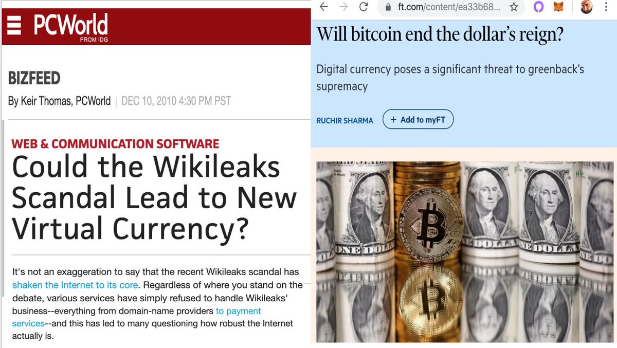 Virtual currency. (2010)  Threat to the dollar. (2020)A how-it-started salute thread to the first  #Bitcoin   news article on its 10th anniversary.