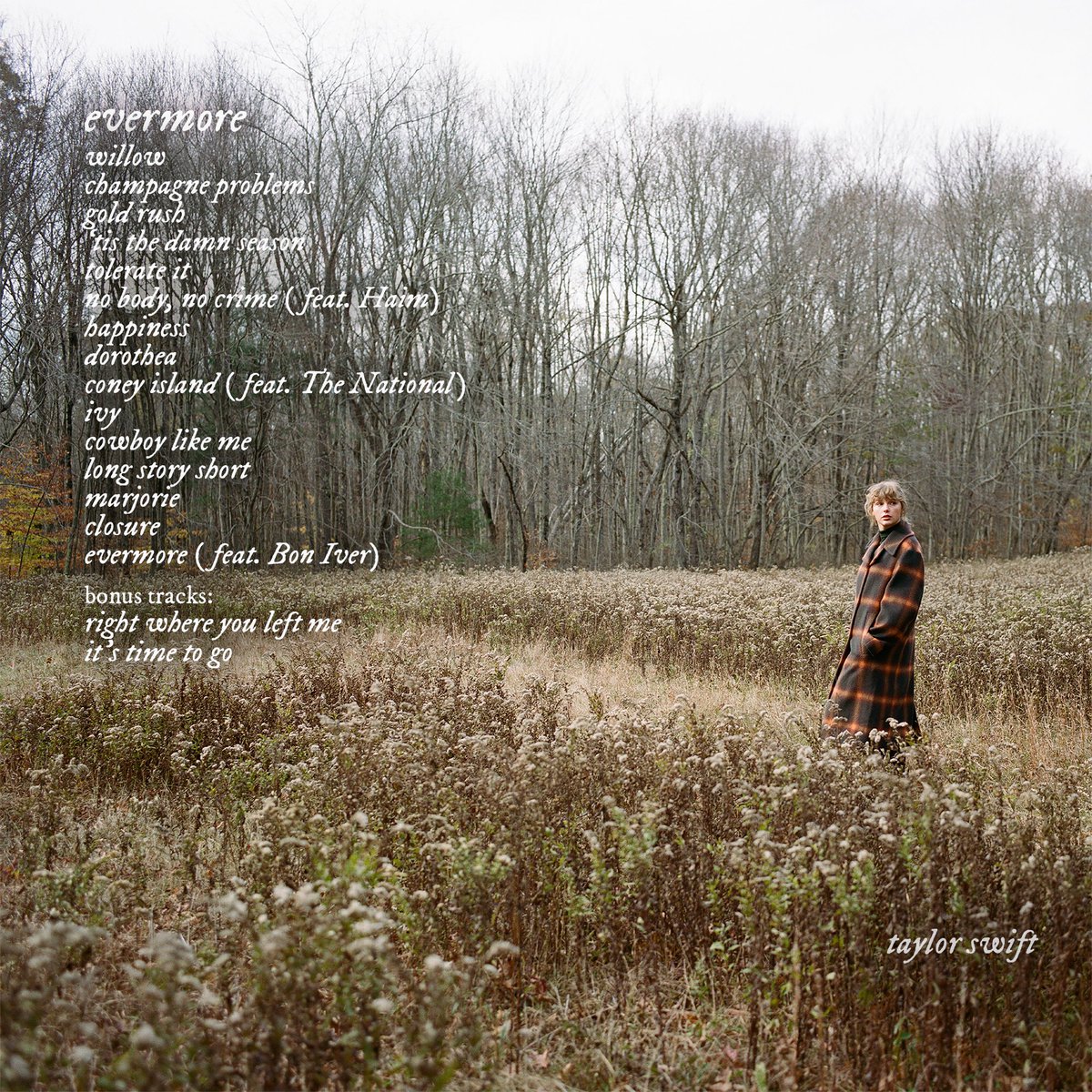 taylornation13's tweet image. #evermoreAlbum is a new album with 15 songs on the standard edition &amp;amp; 17 on the deluxe physical edition, coming out @ 12am est tonight! An exclusive digital booklet w 16 new photos comes w all digital downloads of the album. Pre-order: taylor.lnk.to/evermorealbum

📷: Beth Garrabrant