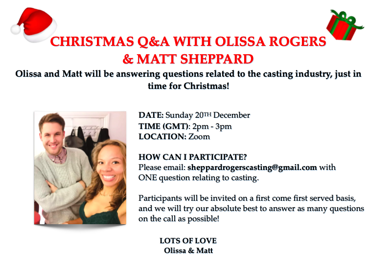 OlissaRogers's tweet photo. Hello hello!
Matt and I would like to organize a Christmas Q&amp;A with you lovely actors out there. Best thing: It's for free! A little thank you gift from us to show you we appreciate the effort, patience and work you put in every day!
Please see the info below and share! #casting https://t.co/nujc8YlvLv