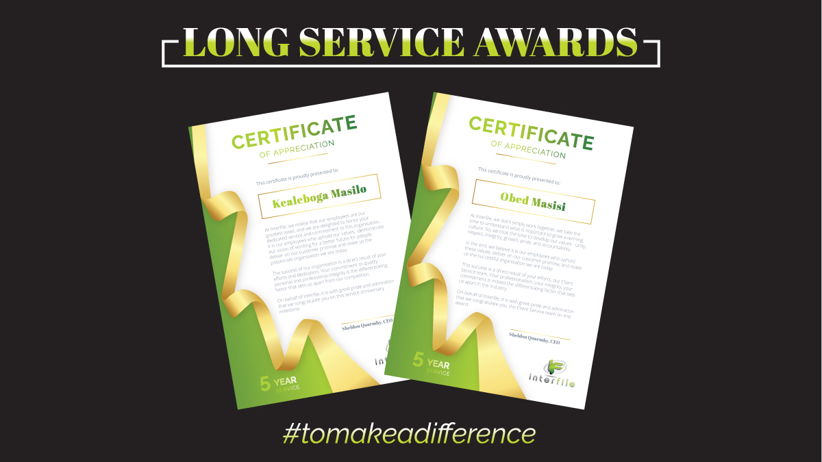 interfile_SA's tweet image. At #interfile, we acknowledge that our employees are our greatest assets, and we are delighted to honor Kealeboga Masilo and Obed Masis for their 5-year service.

#tomakeadifference #awards