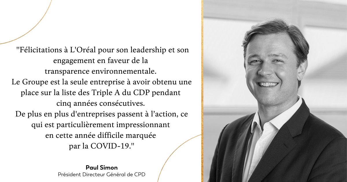 ▶️ Pour la cinquième année consécutive, L’Oréal est reconnu leader mondial en matière de développement durable et reçoit un triple ‘A’ du #CDP pour ses actions en matière de :
👉 Gestion durable de l’eau 💧
👉 Changement climatique ♻️
👉 Préservation des forêts 🌲