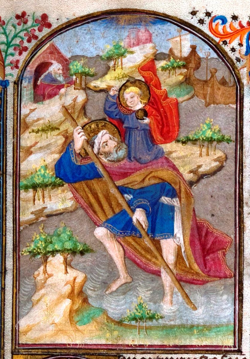 One of the most vivid miniatures in the manuscript can be found on folio 40. It depicts St Christopher carrying the Christ Child across the river. In the background do you see the hermit with a lamp?  #BookofHours