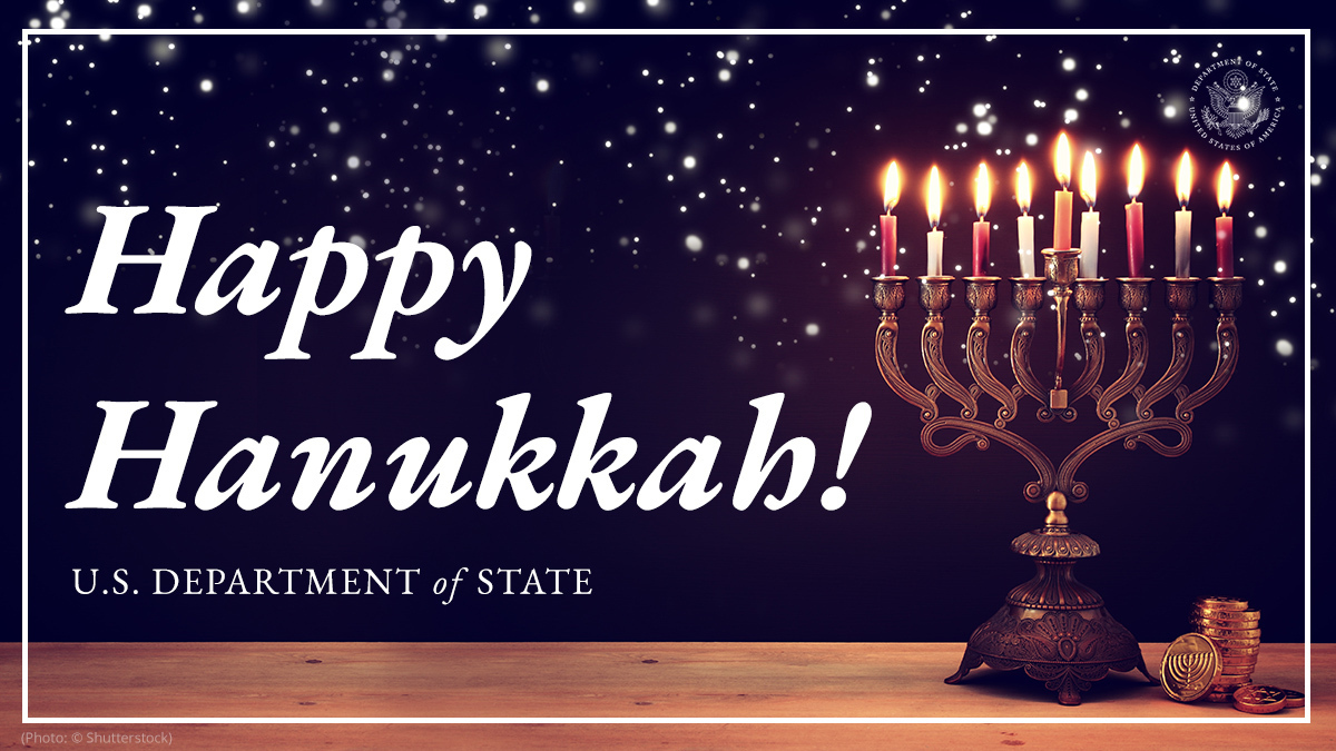 Susan and I send warm wishes to the Jewish people who begin their celebration of the Festival of Lights tonight. May you have a happy Hanukkah!