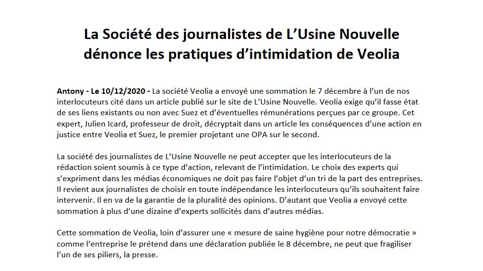 La Société des journalistes de L'<a href="/usinenouvelle/">L'Usine Nouvelle</a> dénonce les pratiques d'intimidation de <a href="/Veolia/">Veolia</a>