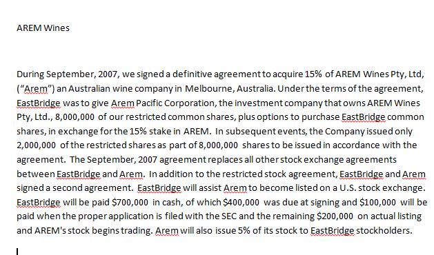 The US address given for Arem's US office in Arizona is the address of EastBridge Investment Group Corp. of which Keith Wong is Chairman and CEO and which is part owner of Arem https://www.sec.gov/Archives/edgar/data/1378624/000114036108006697/form10ksb.htm https://www.prnewswire.com/news-releases/eastbridge-investment-group-announces-domicile-change--reverse-stock-split-188991331.html